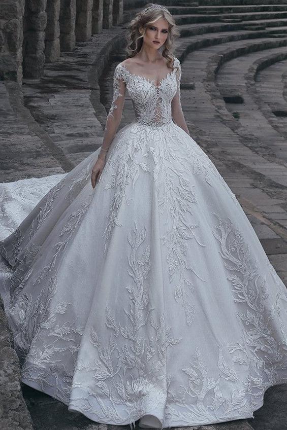 Elegant Long Sleeves Ball Wedding Dresses |  Lace Sexy Bridal Gowns