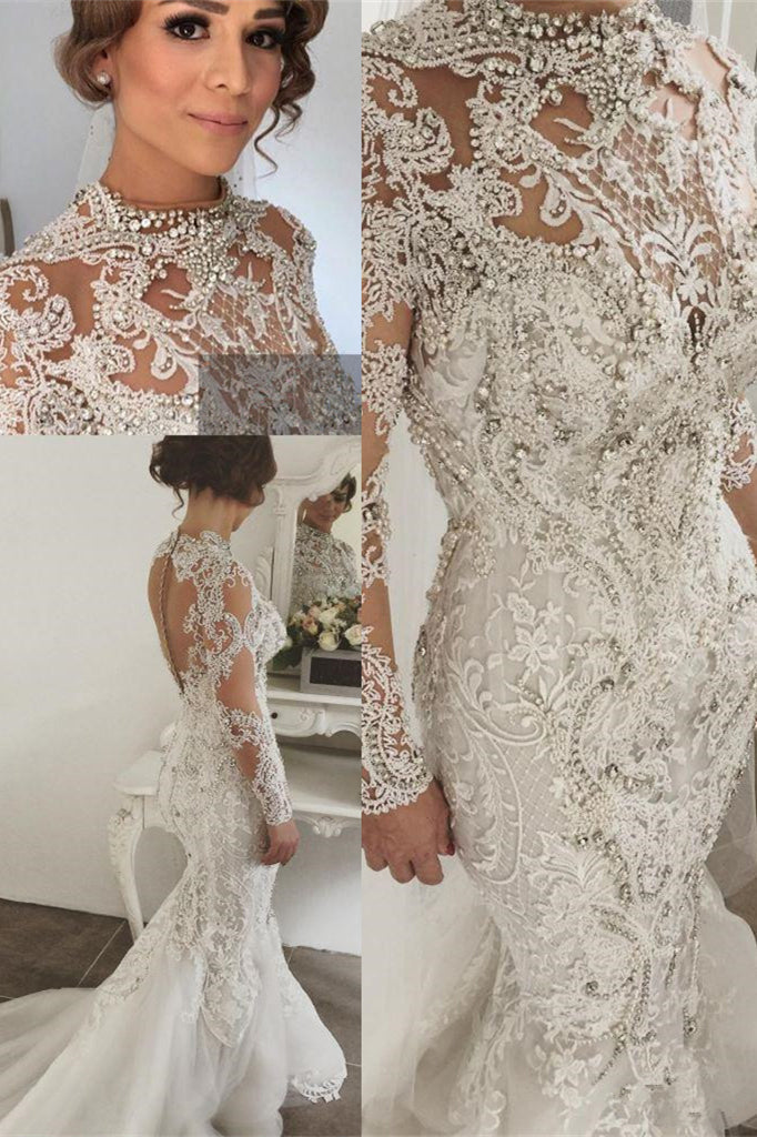 Elegant Long Sleeves Lace Crystal Wedding Dresses |  Sexy Mermaid Bridal Gowns with Buttons