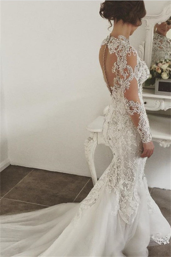 Elegant Long Sleeves Lace Crystal Wedding Dresses |  Sexy Mermaid Bridal Gowns with Buttons