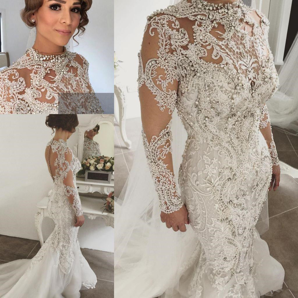 Elegant Long Sleeves Lace Crystal Wedding Dresses |  Sexy Mermaid Bridal Gowns with Buttons