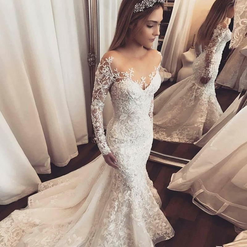 Elegant Long Sleeves Mermaid Wedding Dresses  | Sheer Tulle Lace Bridal Gowns with Buttons BC1509