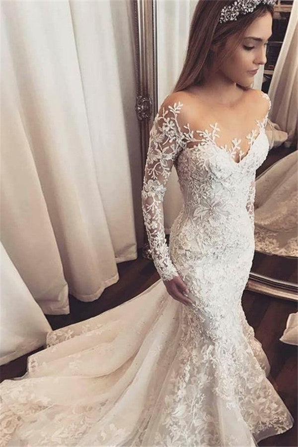 Elegant Long Sleeves Mermaid Wedding Dresses  | Sheer Tulle Lace Bridal Gowns with Buttons BC1509