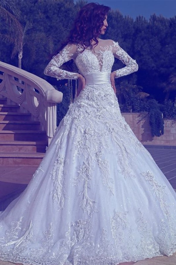 Elegant Long Sleeves Tulle Wedding Dresses  | Sexy Sheer Appliques Wedding Dress Online