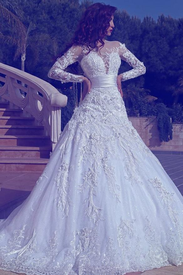 Elegant Long Sleeves Tulle Wedding Dresses  | Sexy Sheer Appliques Wedding Dress Online