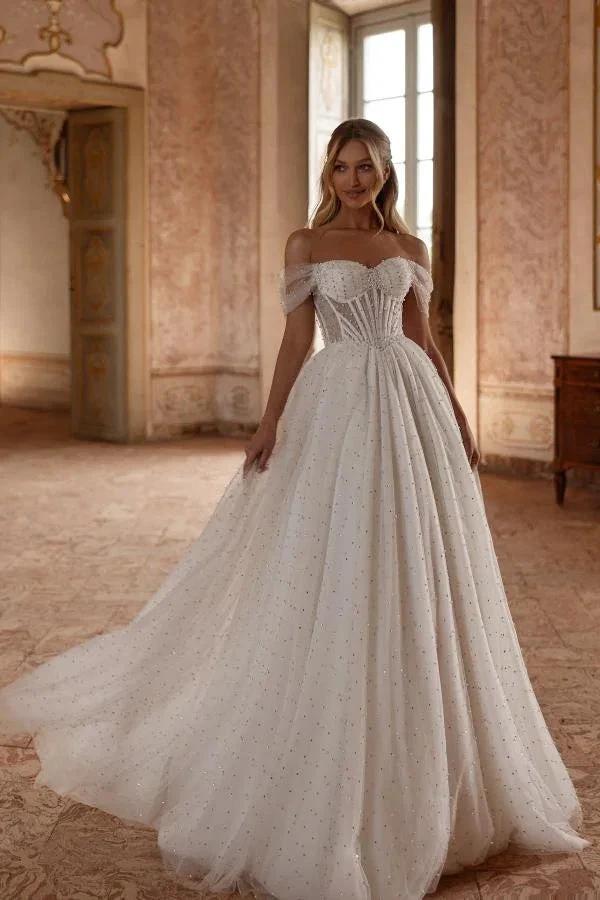Elegant Long White A Line Off-The-Shoulder Tulle Wedding Dress (ZD14483)