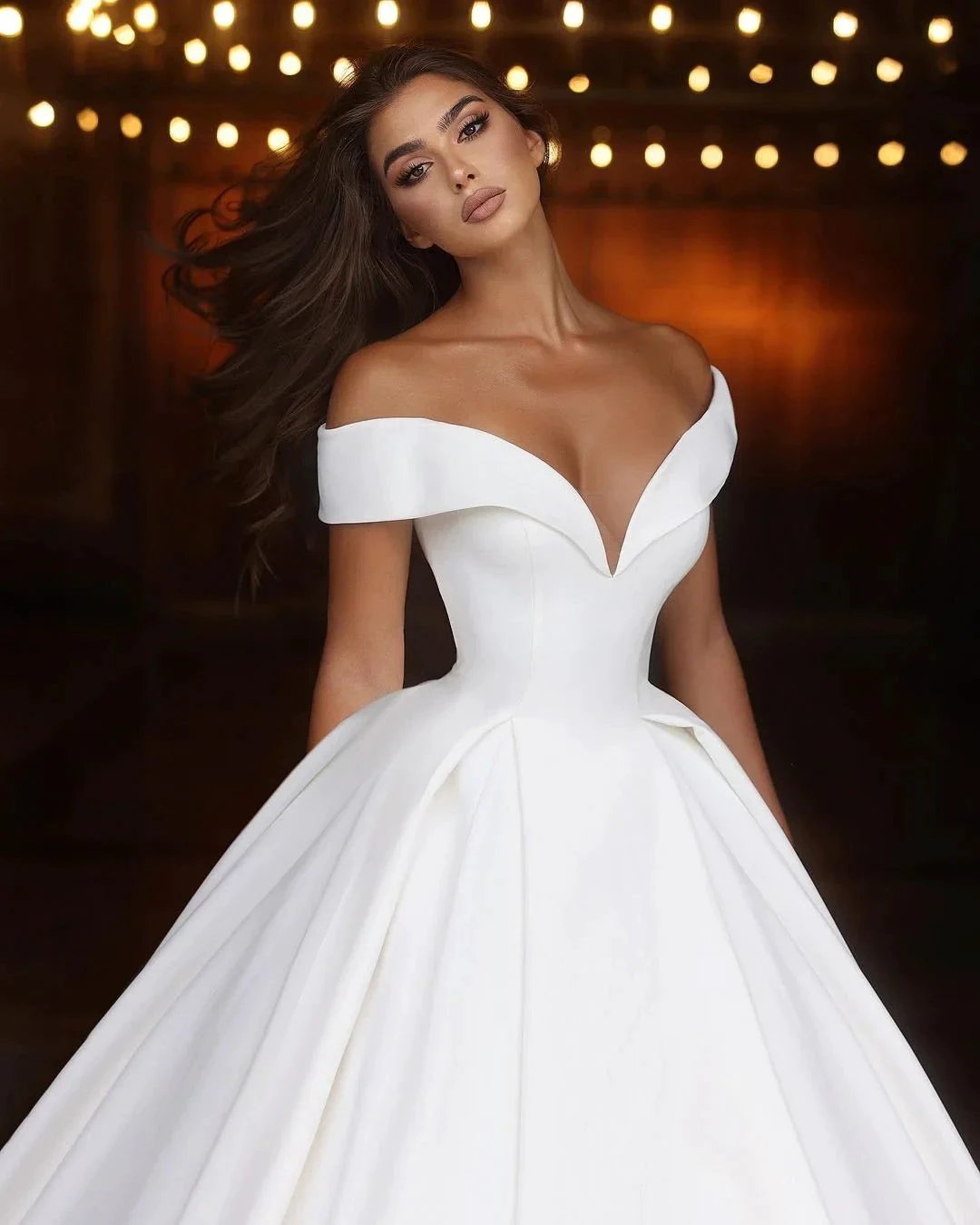 Elegant Long White A-line Off-the-shoulder V-neck Satin Wedding Dress (ZD15674)