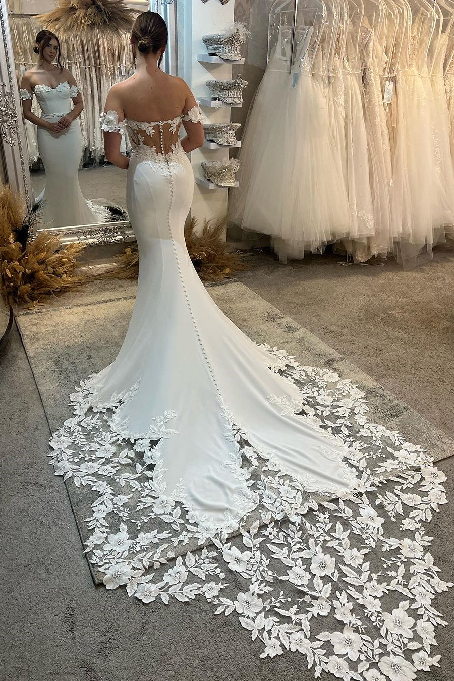 Elegant Long White Mermaid Off-the-shoulder Appliqué Wedding Gown With Train (ZD17463)