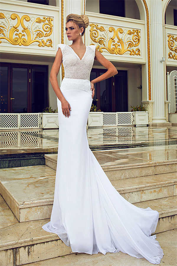 Elegant Mermaid Beading Wedding Dresses  V-Neck Open Back Chiffon Bridal Gowns
