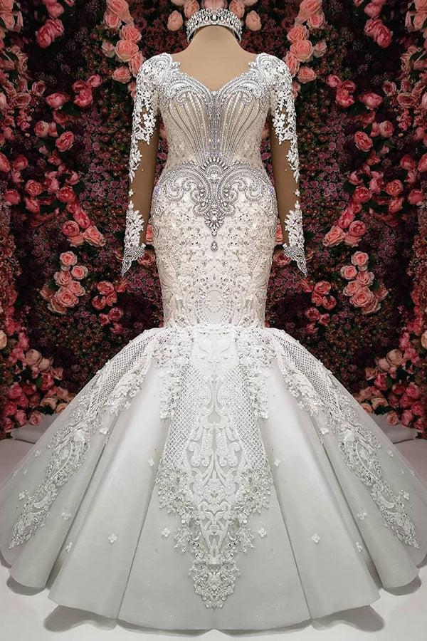 Elegant Mermaid Long Sleeves Wedding Dresses |  Lace Appliques Crystal Sexy V-Neck Bridal Gowns