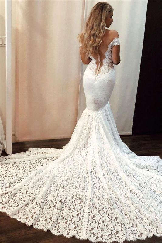 Elegant Mermaid Off Shoulder Wedding Dress Sleeveless Lace Bridal Gowns with Court Train