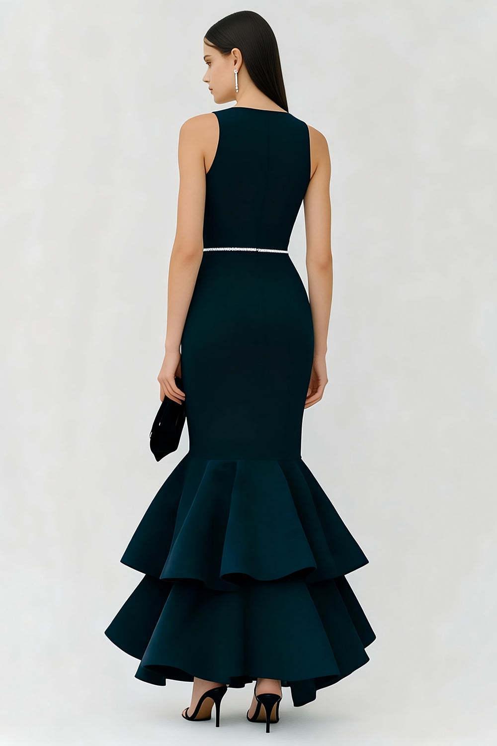 Suzhoufashion Elegant Navy Boat Neck Long Mermaid Prom Dress With Ruffles