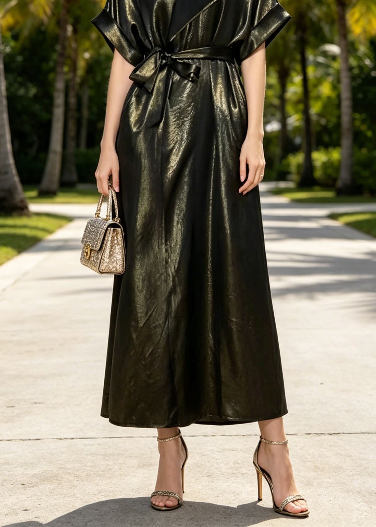 Elegant O Neck Lace Up Pockets Silk Long Dresses Summer