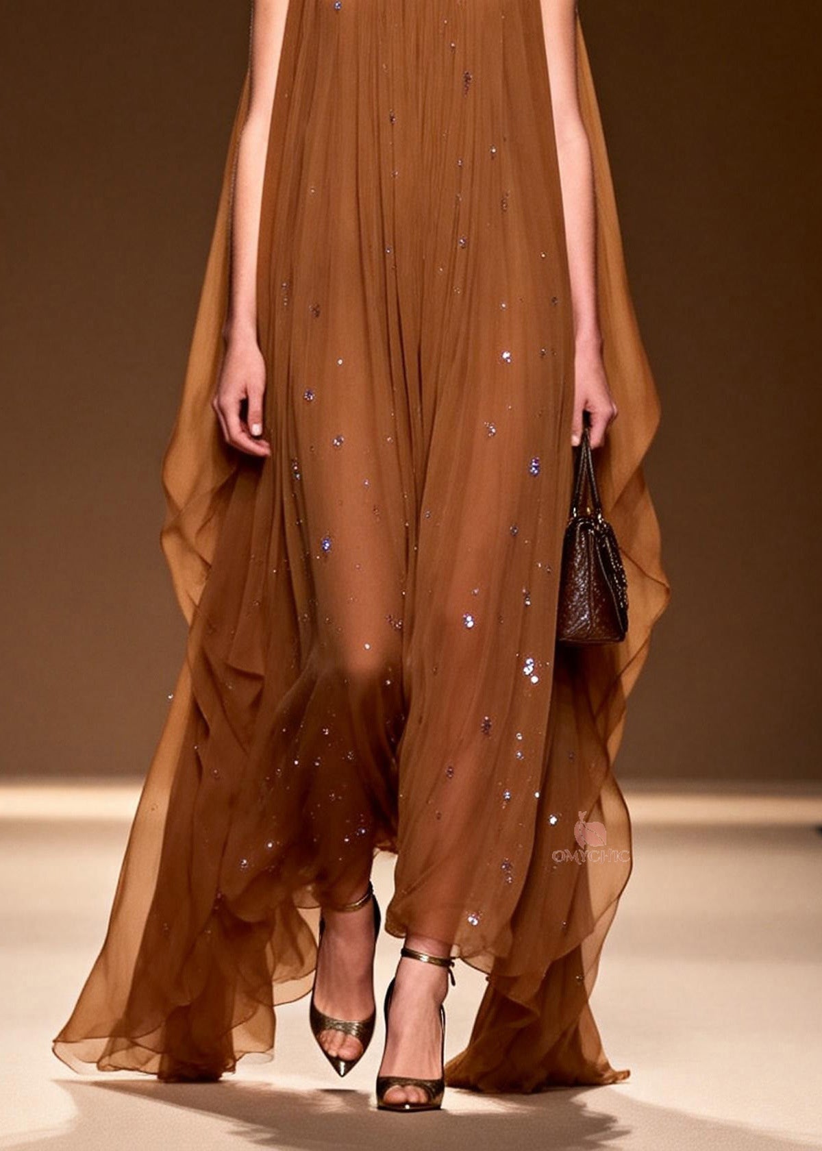 Elegant O Neck Zircon Chiffon Long Dress Sleeveless