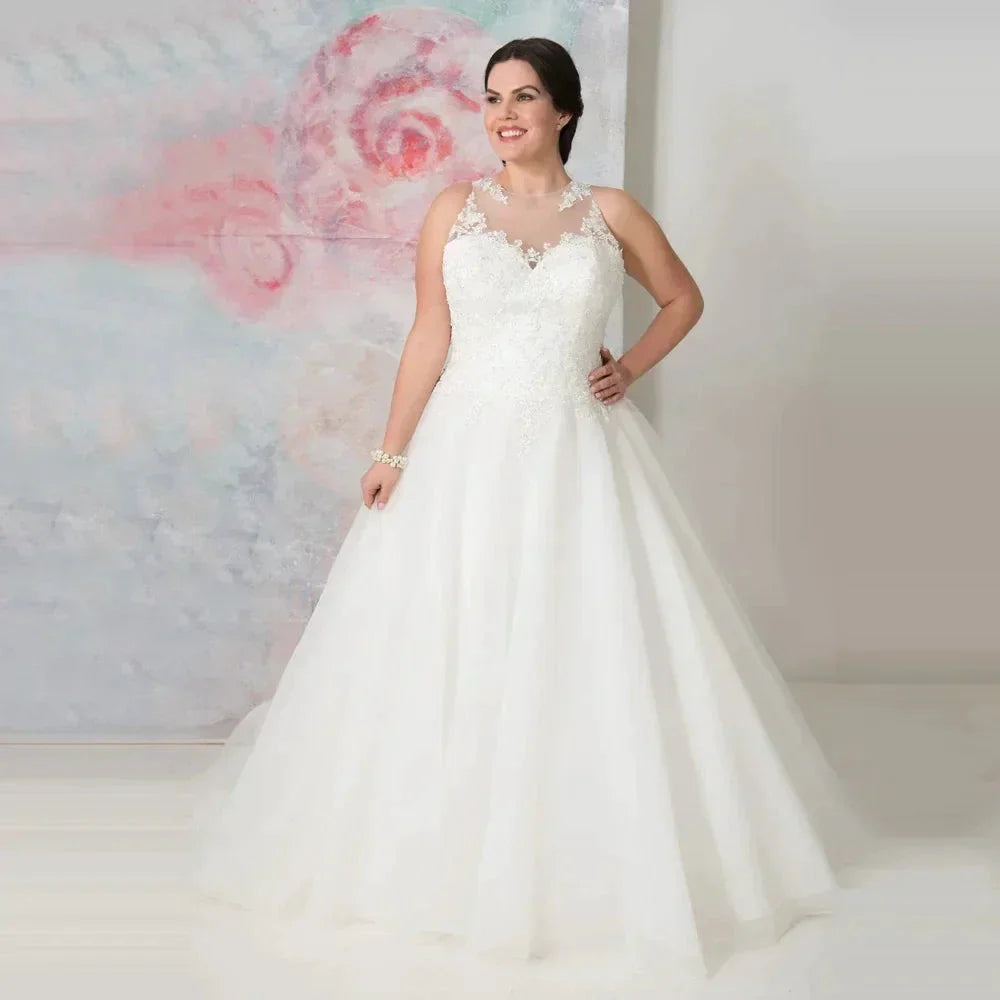 Elegant O-neck Plus Size Wedding Dresses Custom Made See Through Organza Appliqued A-line Bridal Gown Robe de Mariee (ZD13287)