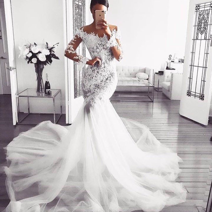 Elegant Off Shoulder Beach Wedding Dresses | Long Sleeves Mermaid Lace Bridal Gowns