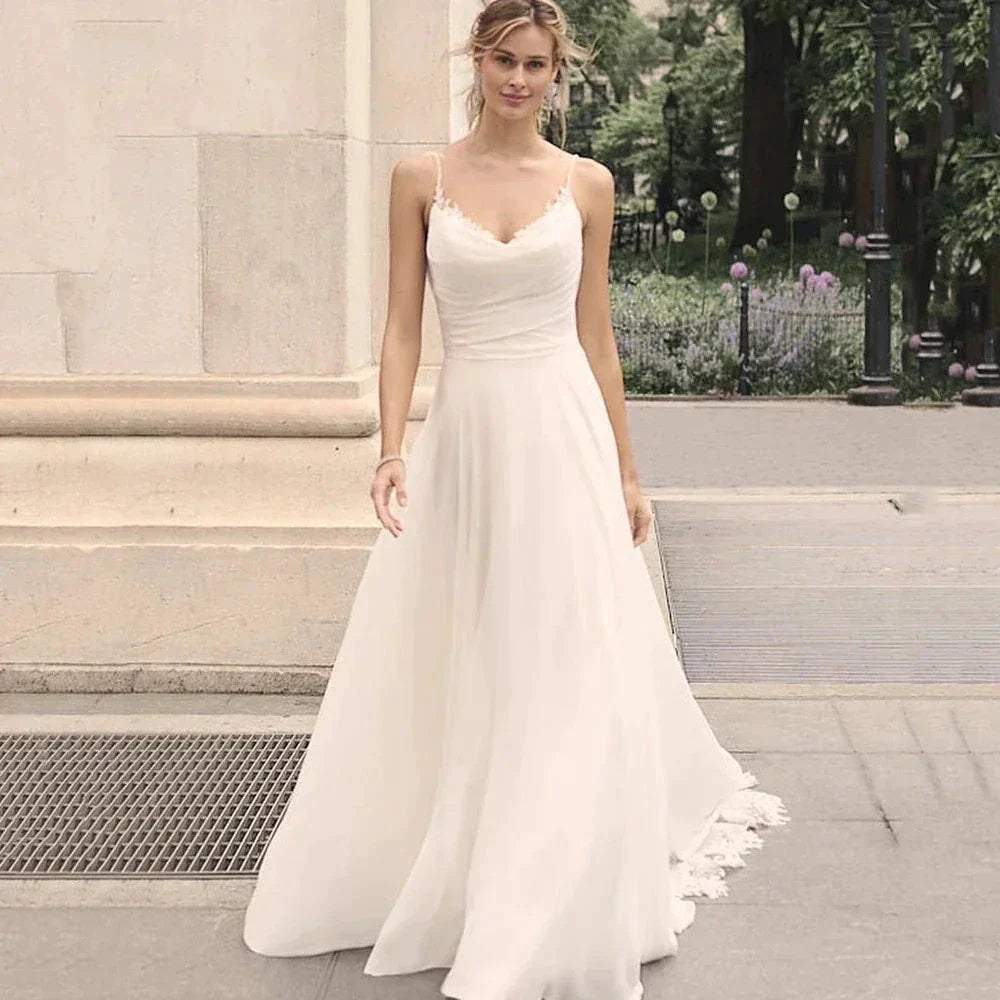 Elegant Off Shoulder Sleeveless Mopping Backless Wedding Dresses For Women Spaghetti Straps Bride Gown Appliques Backless Bridal (ZD14233)