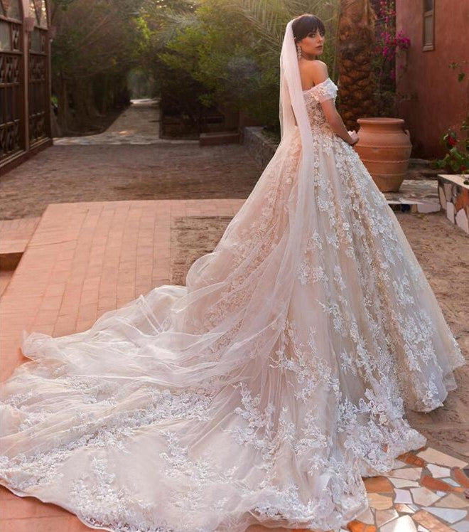 Elegant Off Shoulder Tulle Wedding Dresses  | Puffy 3d-Flowers Bridal Gowns