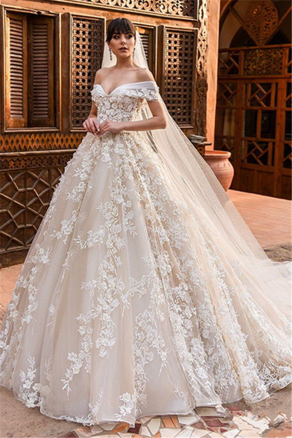 Elegant Off Shoulder Tulle Wedding Dresses  | Puffy 3d-Flowers Bridal Gowns