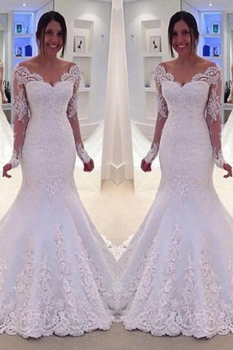 Elegant Off-the-Shoulder Long Sleeves Bridal Gowns Lace Mermaid Wedding Dresses  BA3742