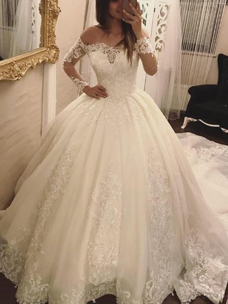 Elegant Off-the-Shoulder Long Sleeves Wedding Dresses | Tulle Appliques Bridal Gowns  with Beadings
