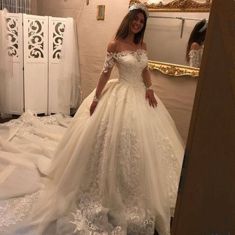 Elegant Off-the-Shoulder Long Sleeves Wedding Dresses | Tulle Appliques Bridal Gowns  with Beadings
