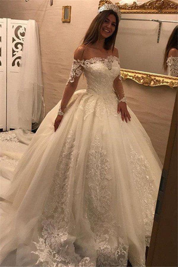 Elegant Off-the-Shoulder Long Sleeves Wedding Dresses | Tulle Appliques Bridal Gowns  with Beadings