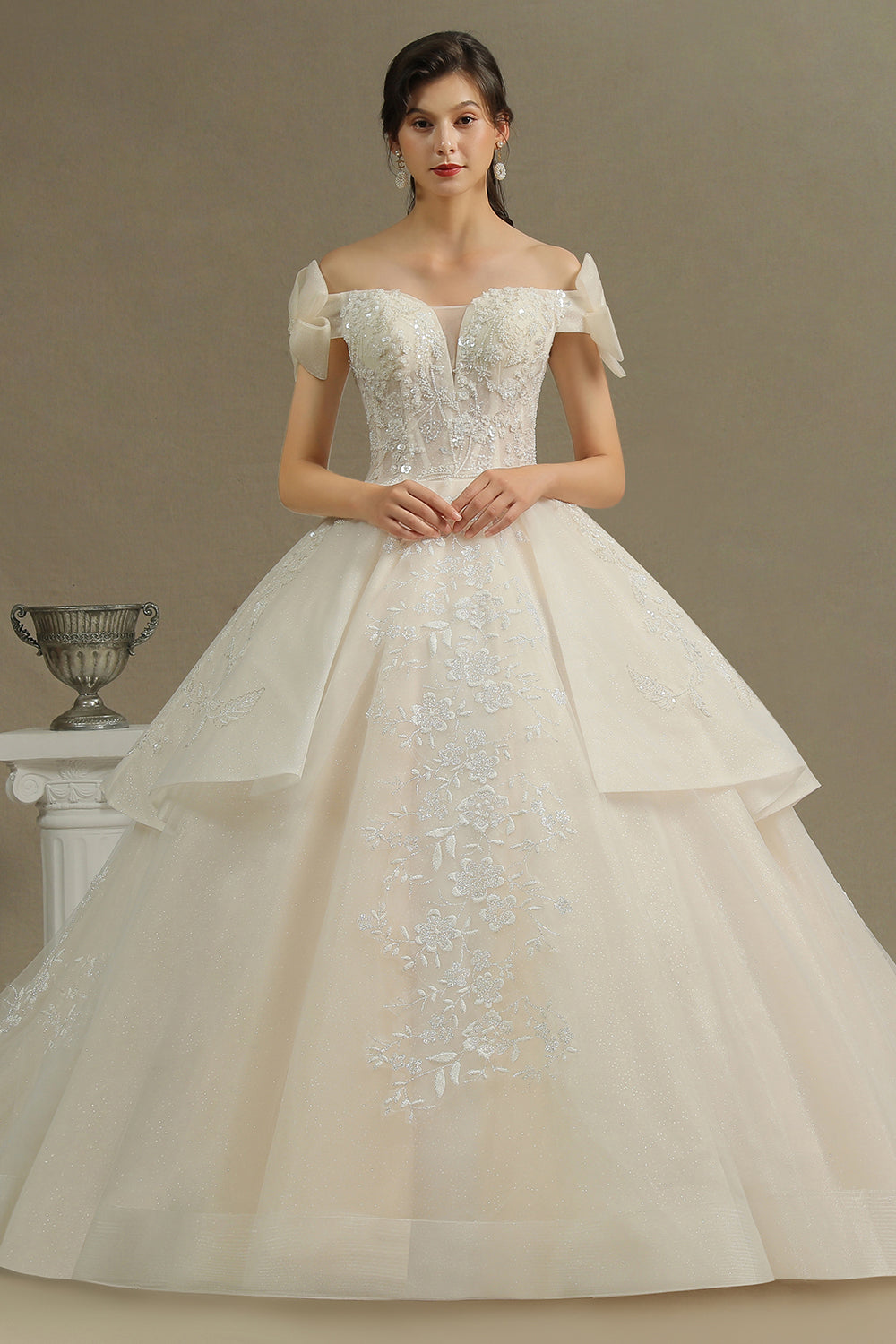 Elegant Off-the-Shoulder Tulle Lace Ball Gown Floor Length Graden Bridal Gown
