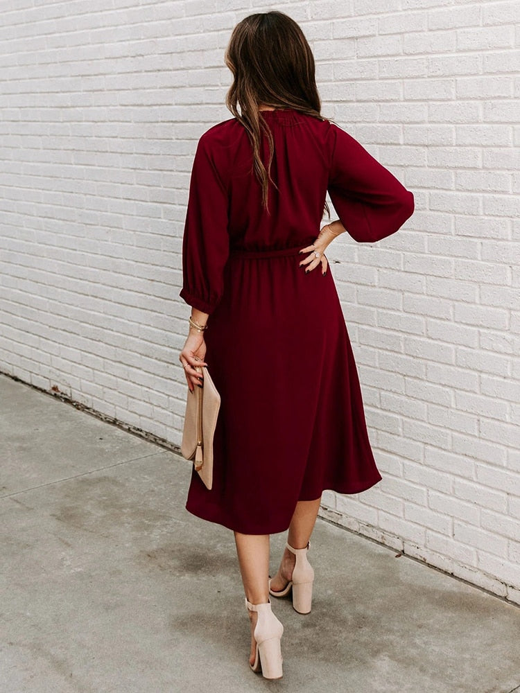 Elegant Office Dress Formal Loose Green Long Sleeve Belt ALine Midi Dresses