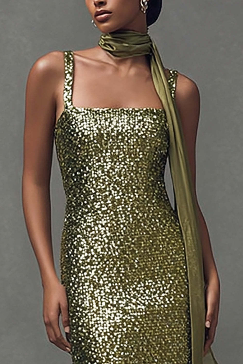 Suzhoufashion Elegant Olive Sheath Sequin Scarf Neck Long Holiday Party Dress