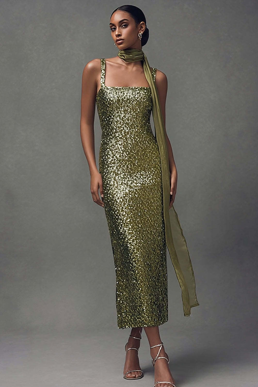 Suzhoufashion Elegant Olive Sheath Sequin Scarf Neck Long Holiday Party Dress