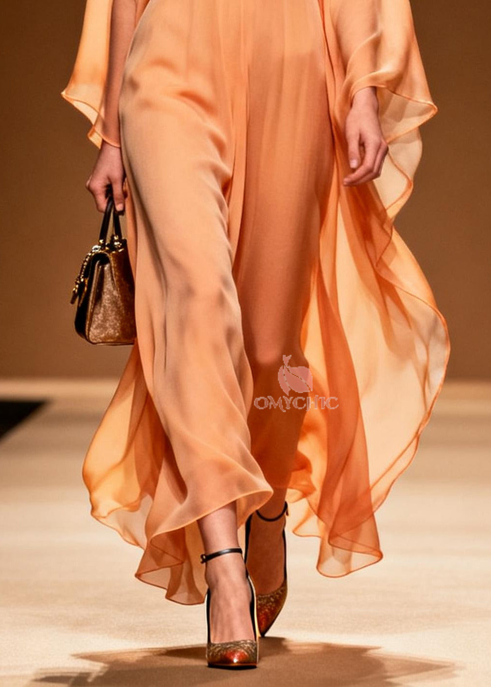 Elegant Orange V Neck Patchwork Chiffon Long Dress Summer