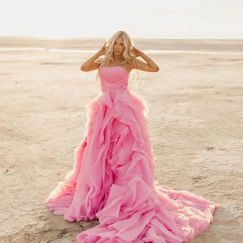 Elegant Pink Petal Ruffle Prom Party Dresses Long Strapless Bridal Photography Dress Beach Boho Maternity Photo Shoot Gowns - VelvetHem