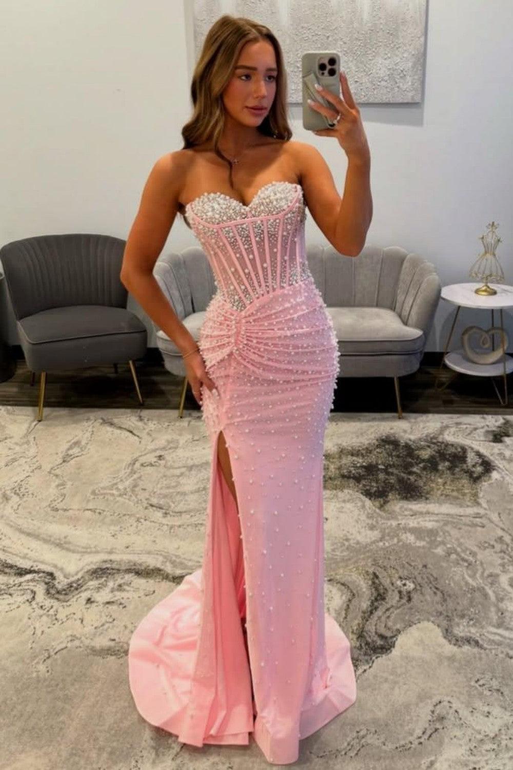 Suzhoufashion Pink Sweetheart Mermaid Corset Beaded Prom Dress With High Slit Formal Evening Gown