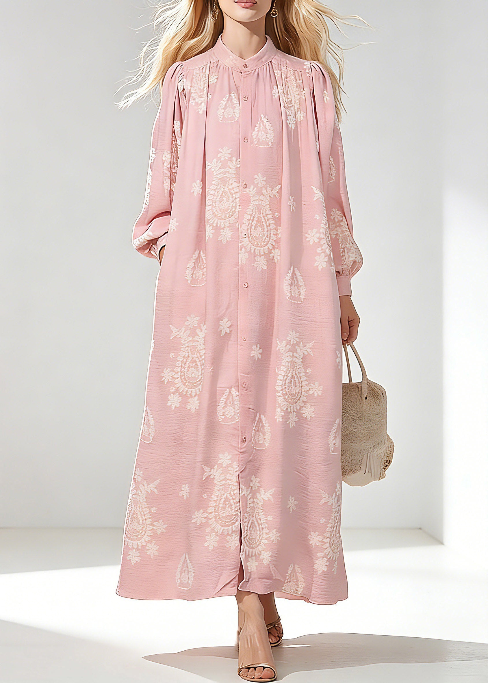 Elegant Pink Wrinkled Butto Long Dress Spring