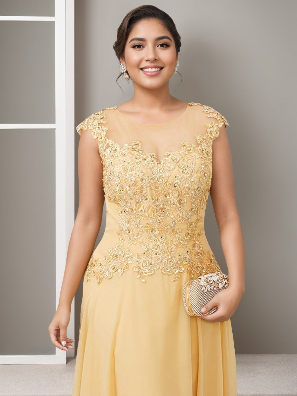 Elegant Plus Size Mother of the Bride A Line Long Dress with Jewel Neck and Beading Appliques