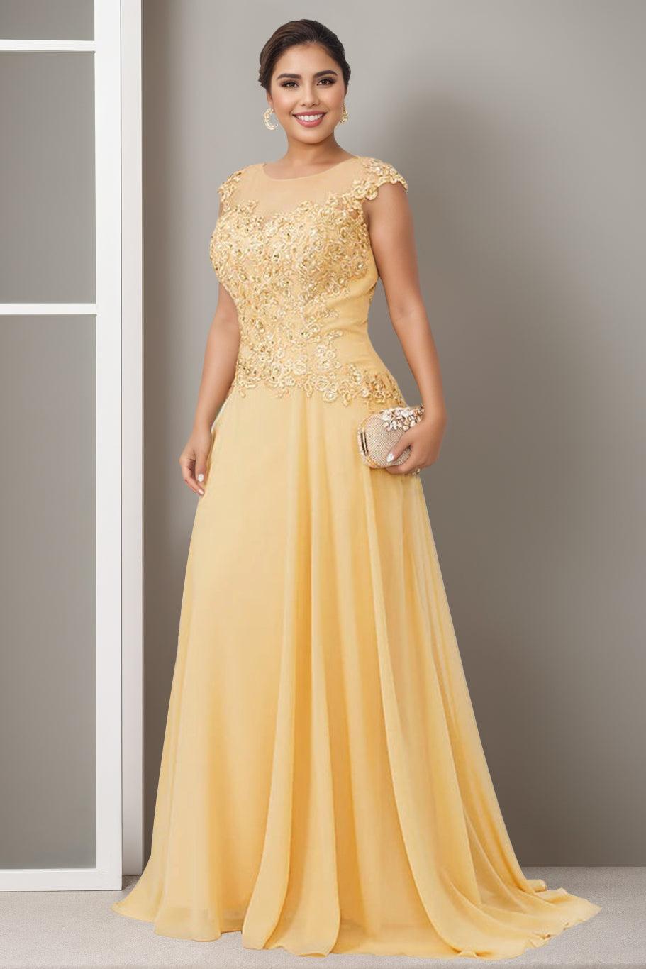 Elegant Plus Size Mother of the Bride A Line Long Dress with Jewel Neck and Beading Appliques