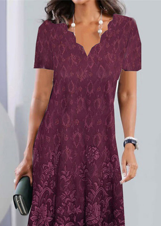 Elegant Purple V Neck Lace Wrinkled Mid Dress Summer
