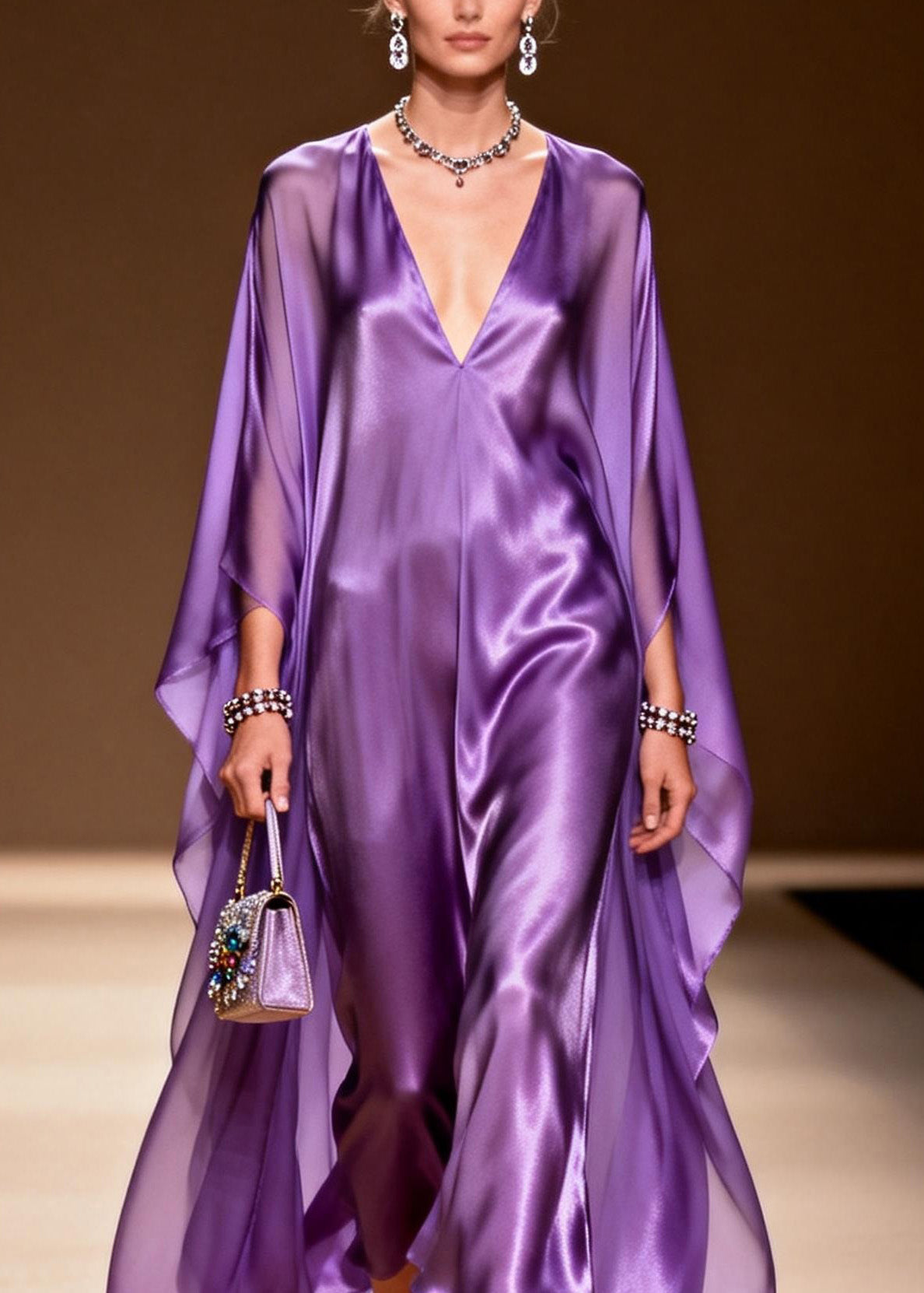 Elegant Purple V Neck Silk Long Dress Spring