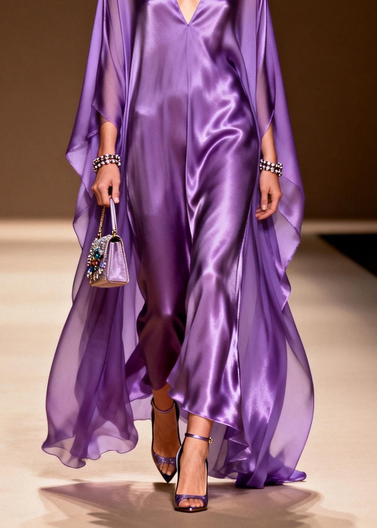 Elegant Purple V Neck Silk Long Dress Spring