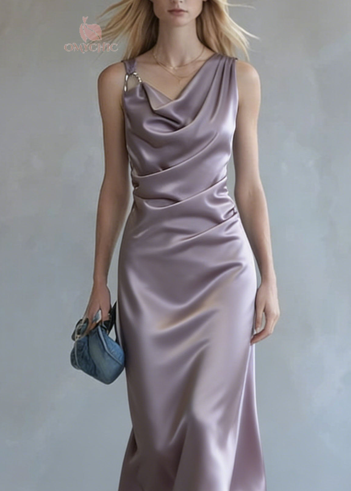Elegant Purple Wrinkled Silk Spaghetti Strap Dress Summer