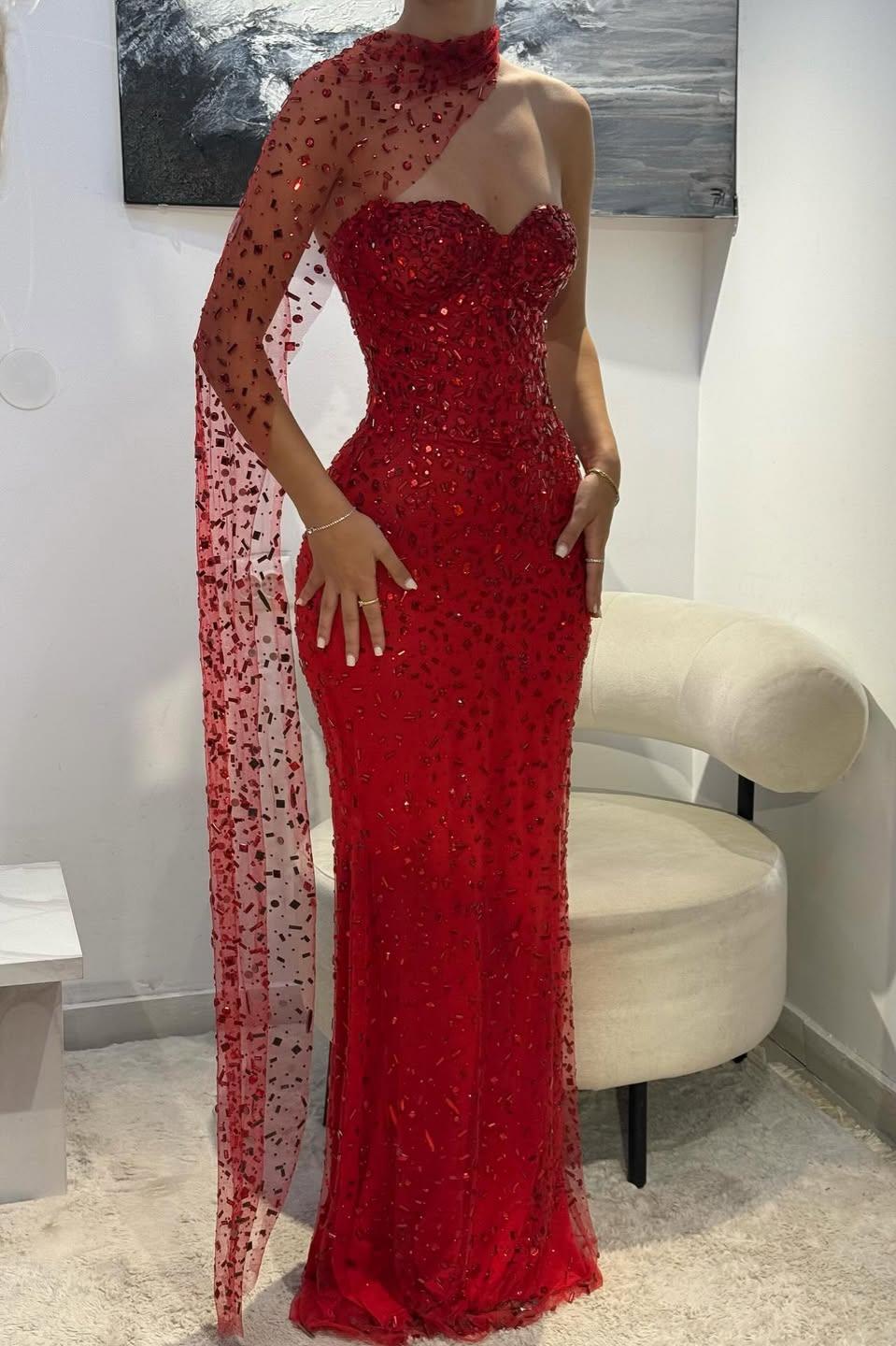 Suzhoufashion Red Sweetheart Beaded Fitted Mermaid Prom Dress With Scarf Formal Evening Gown