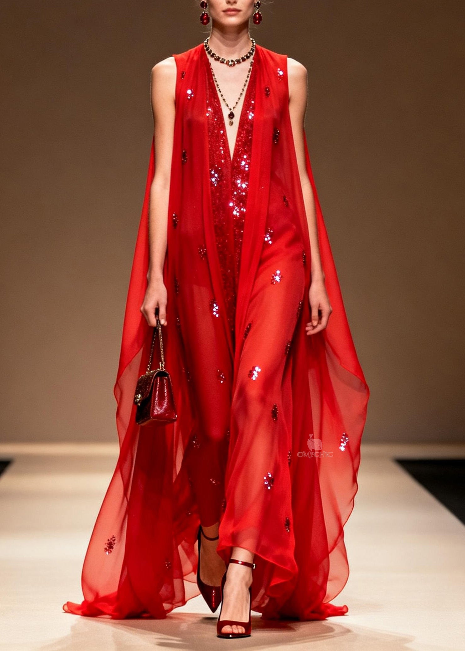 Elegant Red V Neck Zircon Patchwork Chiffon Dress Summer