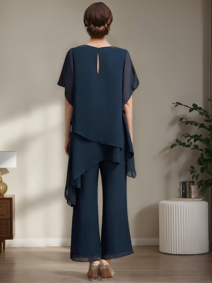 Elegant Round Neck Chiffon Pantsuits for the Mother of the Bride 2 Piece Set with Ruffles