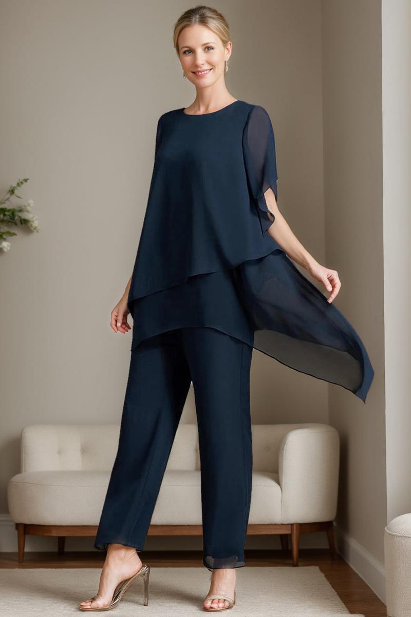 Elegant Round Neck Chiffon Pantsuits for the Mother of the Bride 2 Piece Set with Ruffles