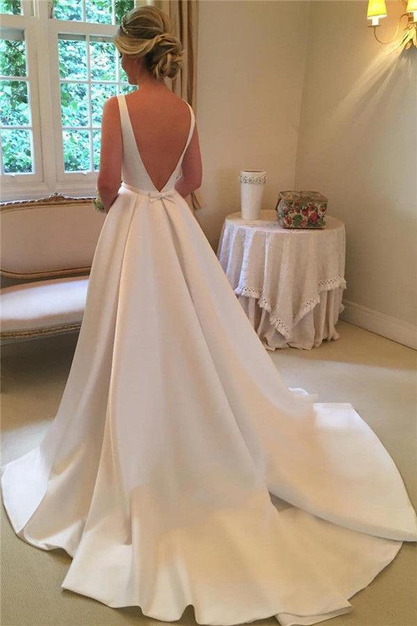 Elegant Satin Beach Wedding Dresses | Open Back Sleeveless Royal Beach Wedding Dress