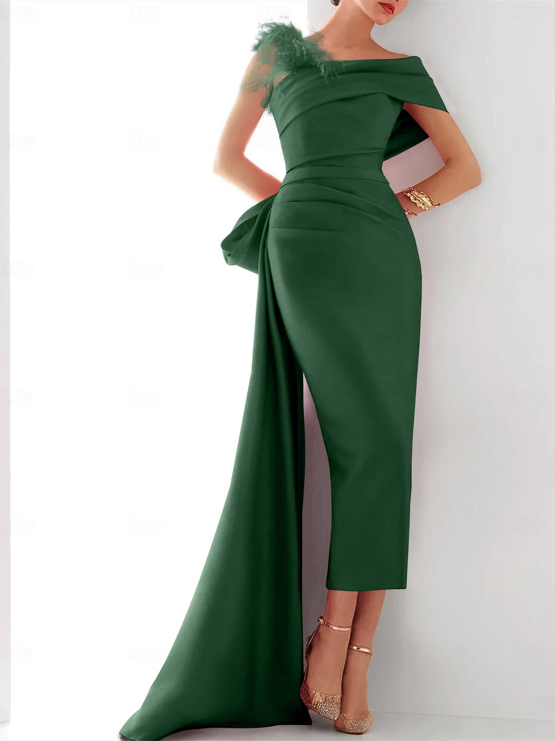 Elegant Satin Formal Gown with Feather Bow(s) One Shoulder Sleeveless Sheath Column and Sweep Brush Train