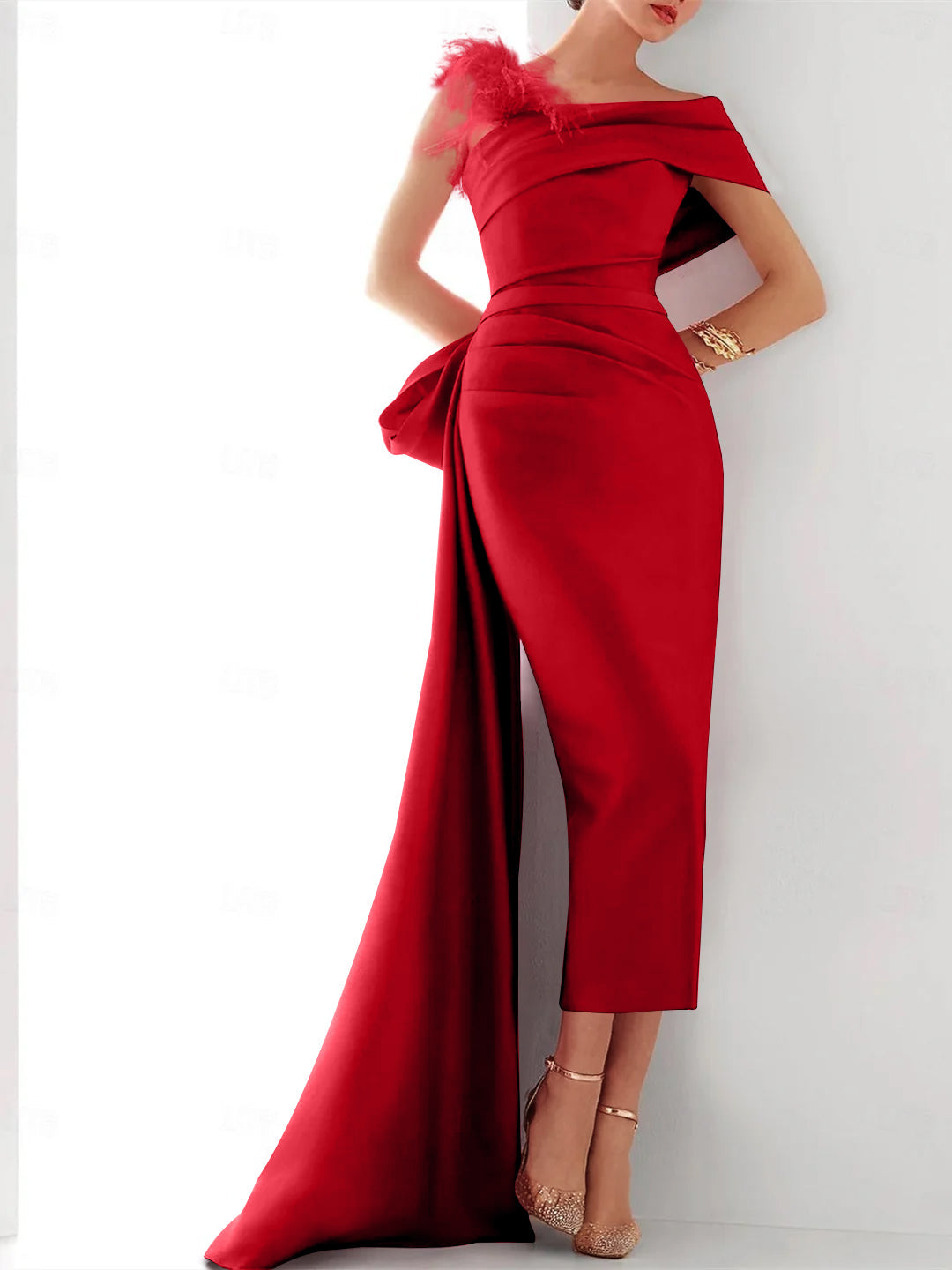 Elegant Satin Formal Gown with Feather Bow(s) One Shoulder Sleeveless Sheath Column and Sweep Brush Train