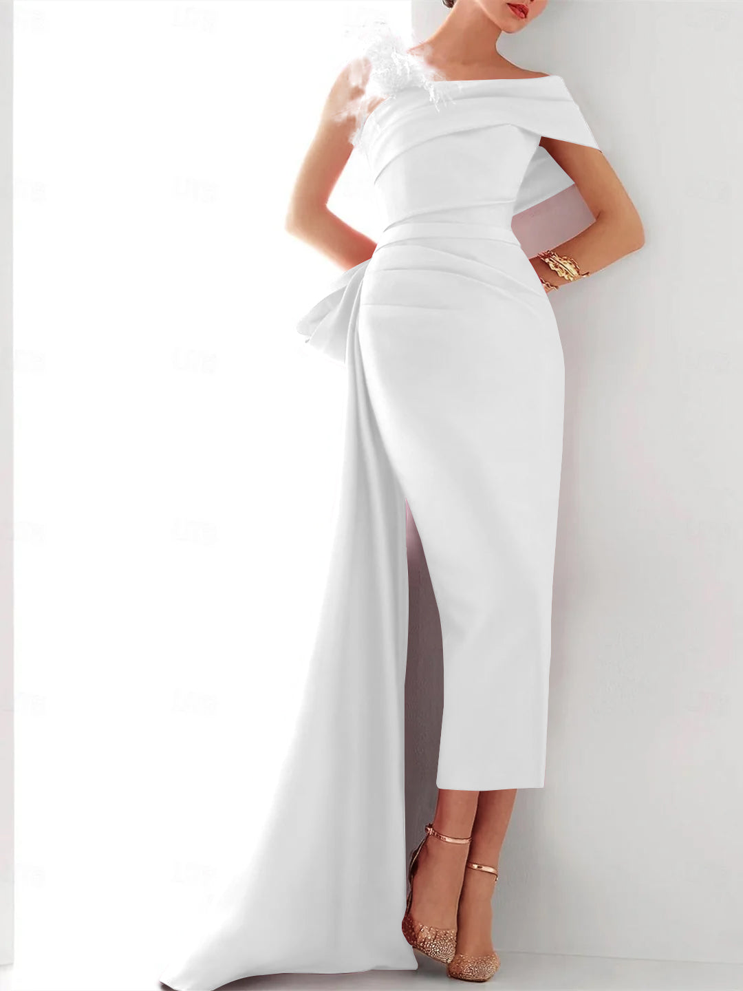 Elegant Satin Formal Gown with Feather Bow(s) One Shoulder Sleeveless Sheath Column and Sweep Brush Train