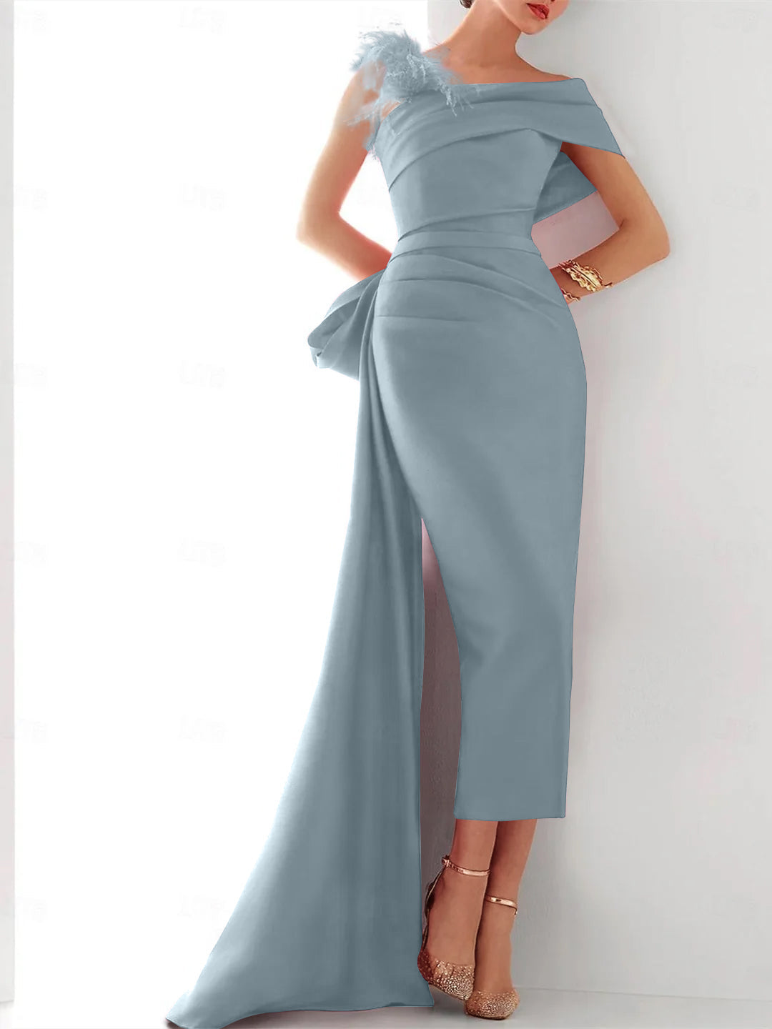 Elegant Satin Formal Gown with Feather Bow(s) One Shoulder Sleeveless Sheath Column and Sweep Brush Train