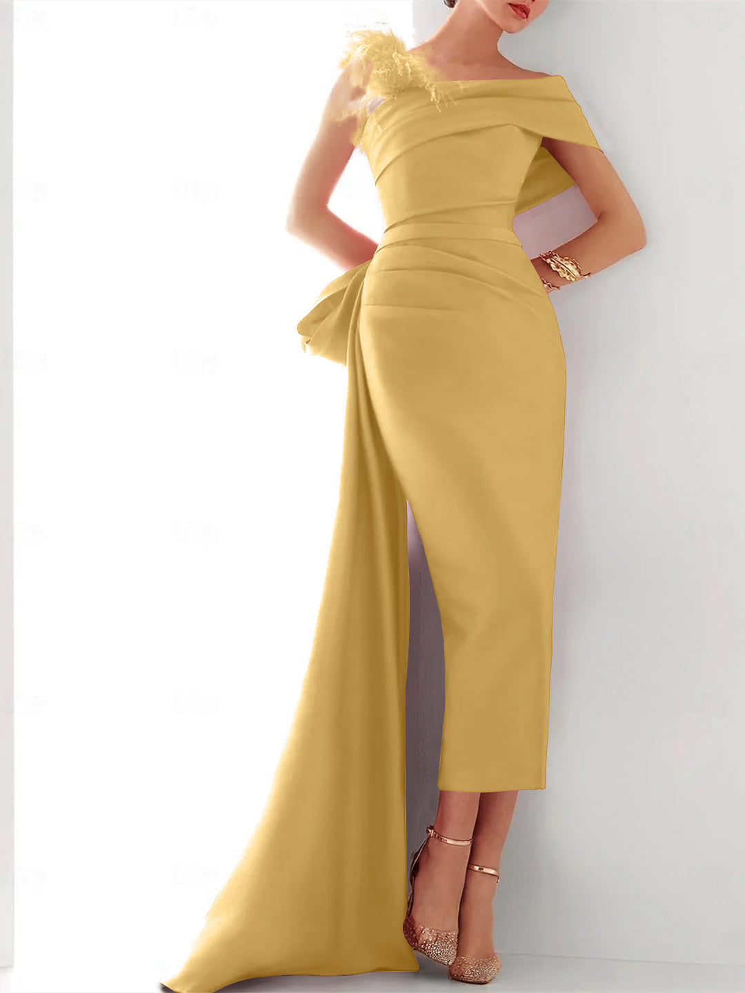 Elegant Satin Formal Gown with Feather Bow(s) One Shoulder Sleeveless Sheath Column and Sweep Brush Train